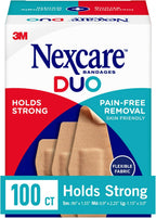 Nexcare Duo Bandages, Painless Removal, Strong Adhesive Bandages Stay on for 24 Hours, Flexible Fabric Construction - 100 Pack Assorted Sizes