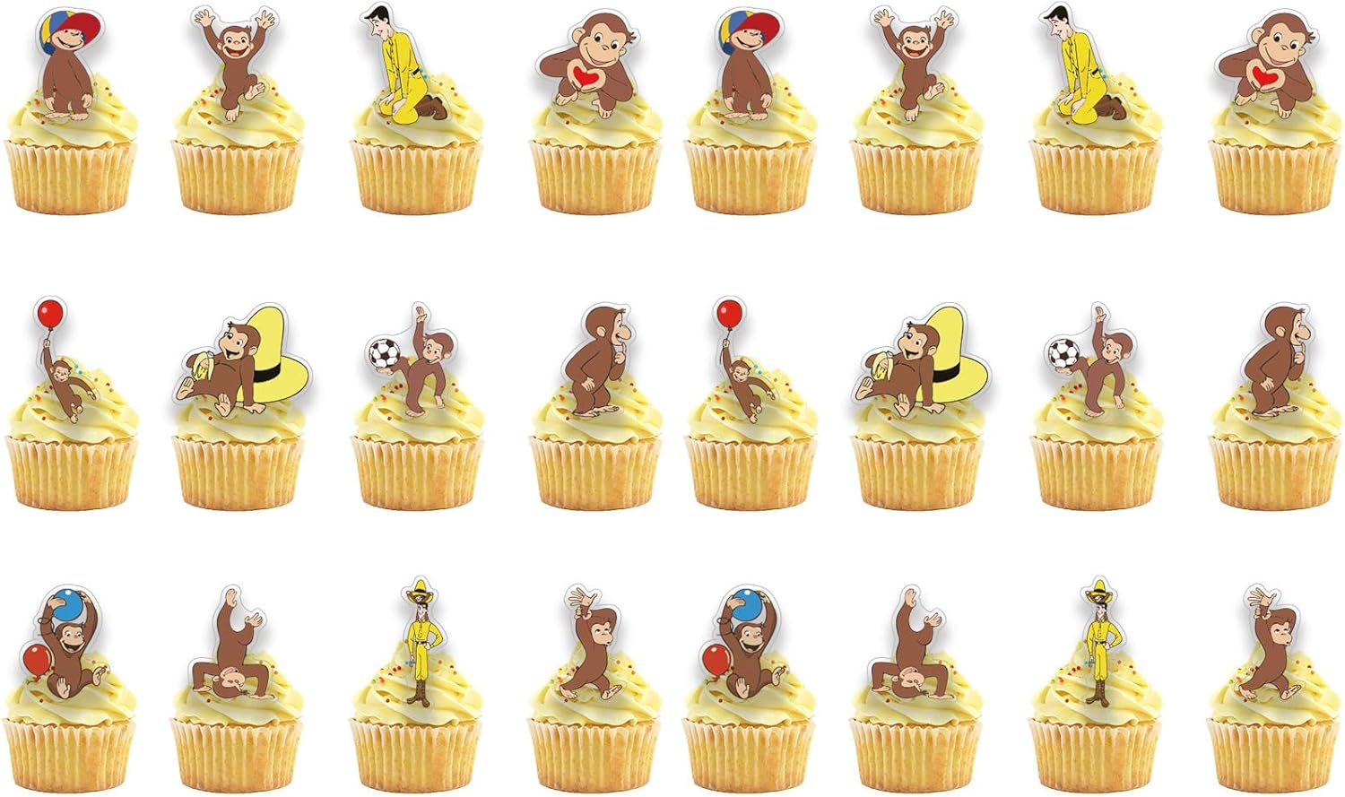 24PCS Curious Monkey Cupcake Toppers, Cartoon Party Decorations, Theme Celebrations Party Supplies for George Lovers (12 Designs, 2 Each)