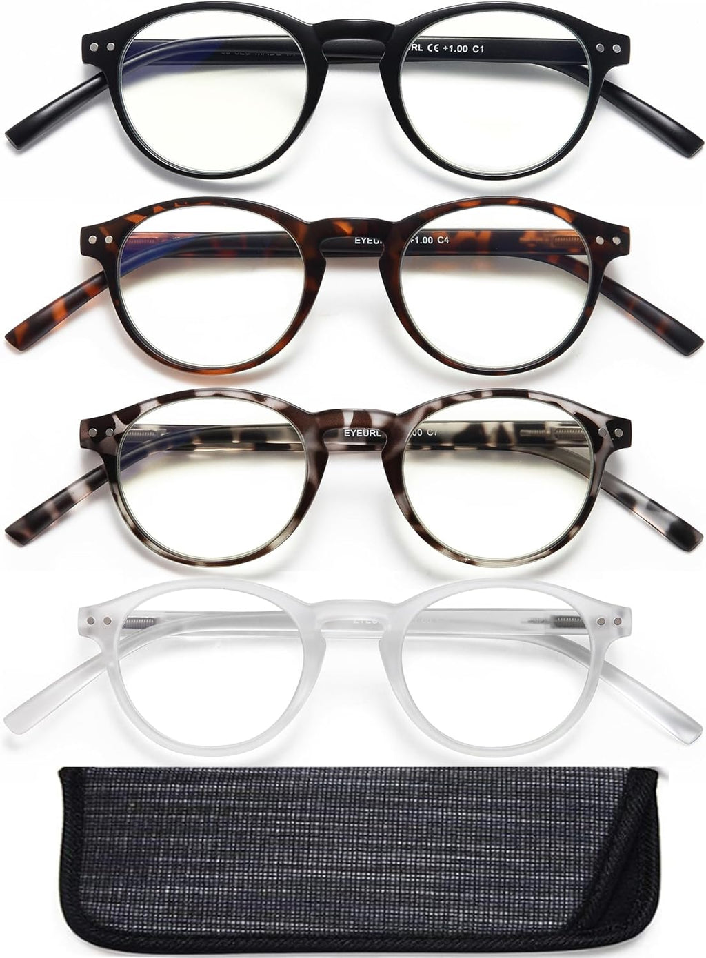 EYEURL 4-Pack Small Round Reading Glasses for Women Men Neck Hanging Blue Light Blocking Eyeglasses TR90 Readers for Women