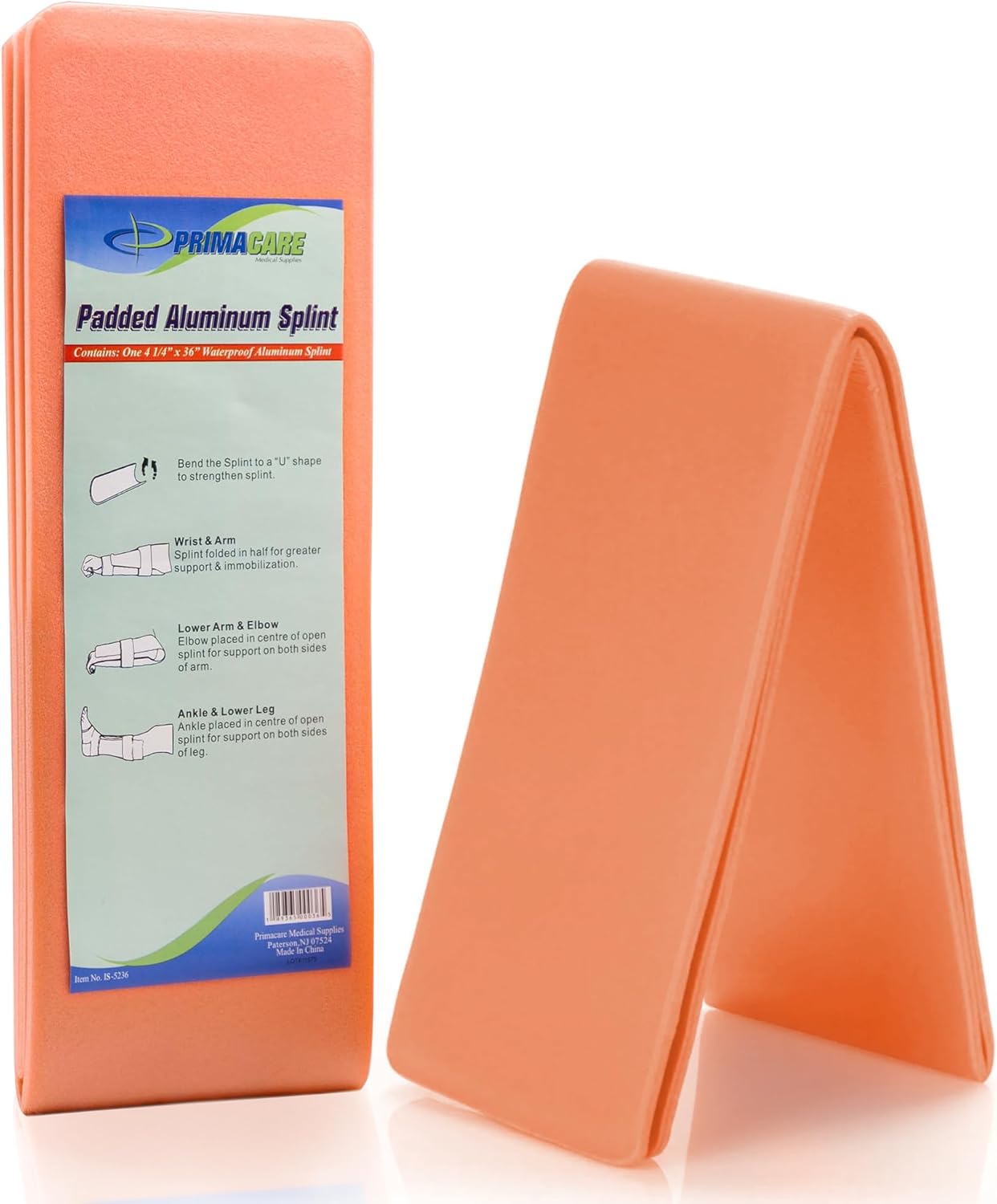 Primacare IS-5236 36" Padded Aluminum Splint for Hands, Legs, Fractured Limbs, Nose, Ankle or Braces, Universal Waterproof Medical Tactical Splints for First Aid and Emergency Support, Orange