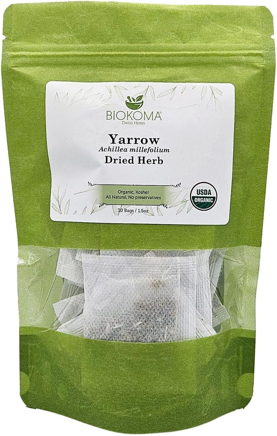 Biokoma Organic Yarrow Dried Herb 30 Tea Bags 1.5oz Dried Achillea Millefolium Digestion Skin Health Support USDA Organic Caffeine Free Herbal Tea Resealable Pouch Pure No Preservatives No GMO Kosher