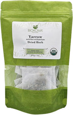 Biokoma Organic Yarrow Dried Herb 30 Tea Bags 1.5oz Dried Achillea Millefolium Digestion Skin Health Support USDA Organic Caffeine Free Herbal Tea Resealable Pouch Pure No Preservatives No GMO Kosher