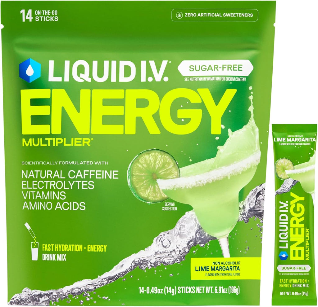 Liquid I.V.® Hydration Multiplier Sugar-Free + Energy - Lime Margarita Mocktail | Electrolyte Powder Drink Mix | 1 Pack (14 Servings)
