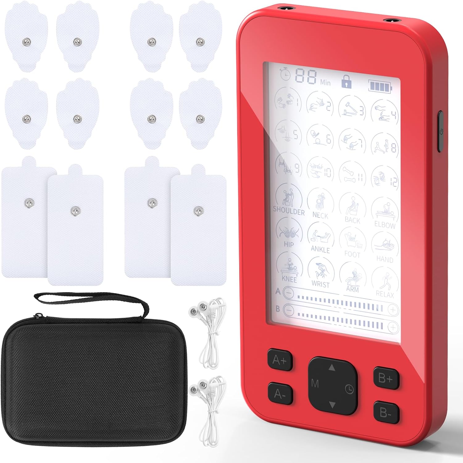 TENS Unit Muscle Stimulator, 3-in-1 TENS & EMS Stimulator Machine with 24 Modes & 20 Levels, Rechargeable EMS Massager for Neck, Shoulder, Sciatica & Back Pain Relief with 12 Pads, EVA Case