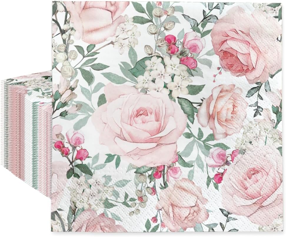 PAW - Luncheon Floral Napkins 6,5'' x 6,5'', Disposable Paper Napkins with Roses, Lunch Napkins for Wedding, Bridal Party, Birthday, Decoupage, Tableware Party Supplies, 50 Count