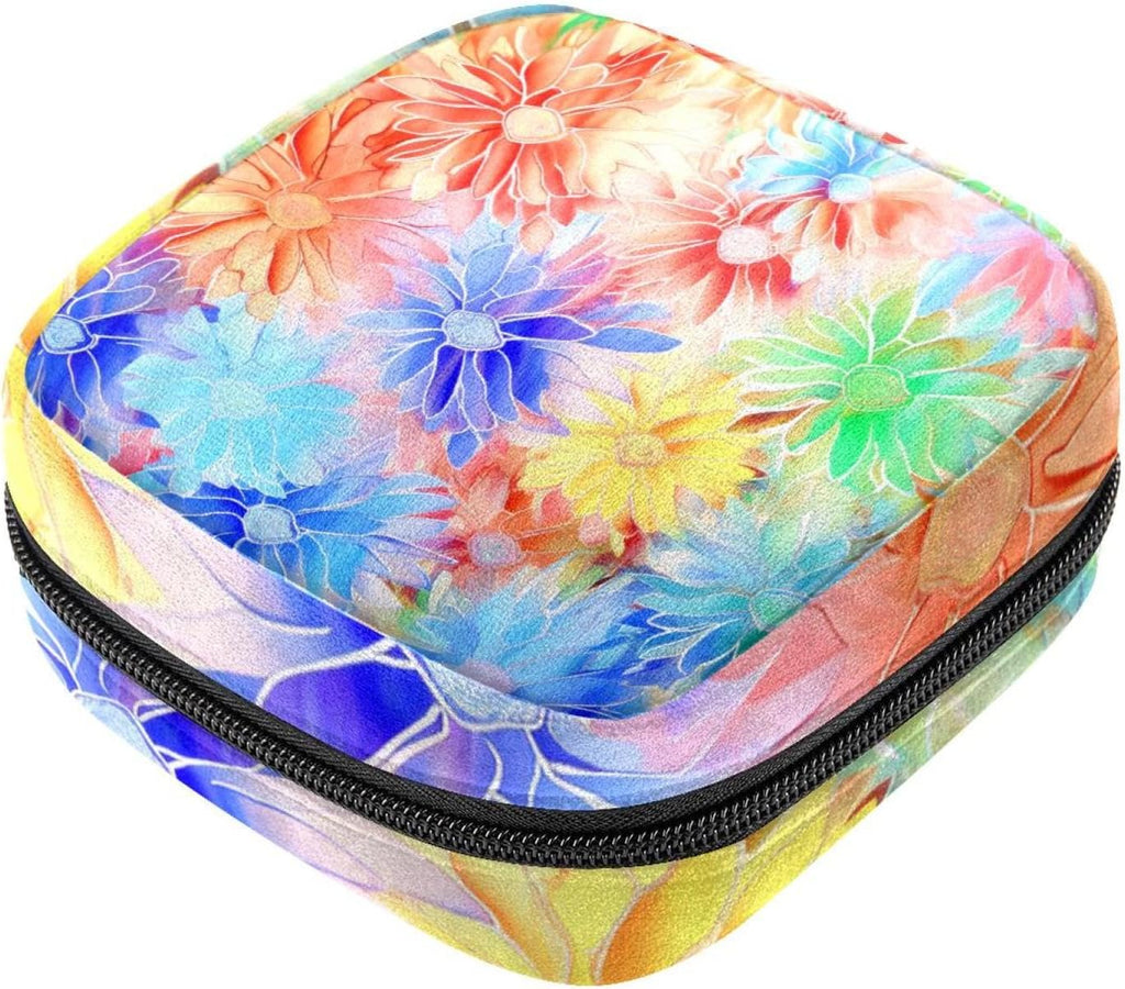 Sanitary Napkin Storage Bag,Period Bag,Pad Bag,Abstract Rainbow Color Flowers Daisy,Period Pouch