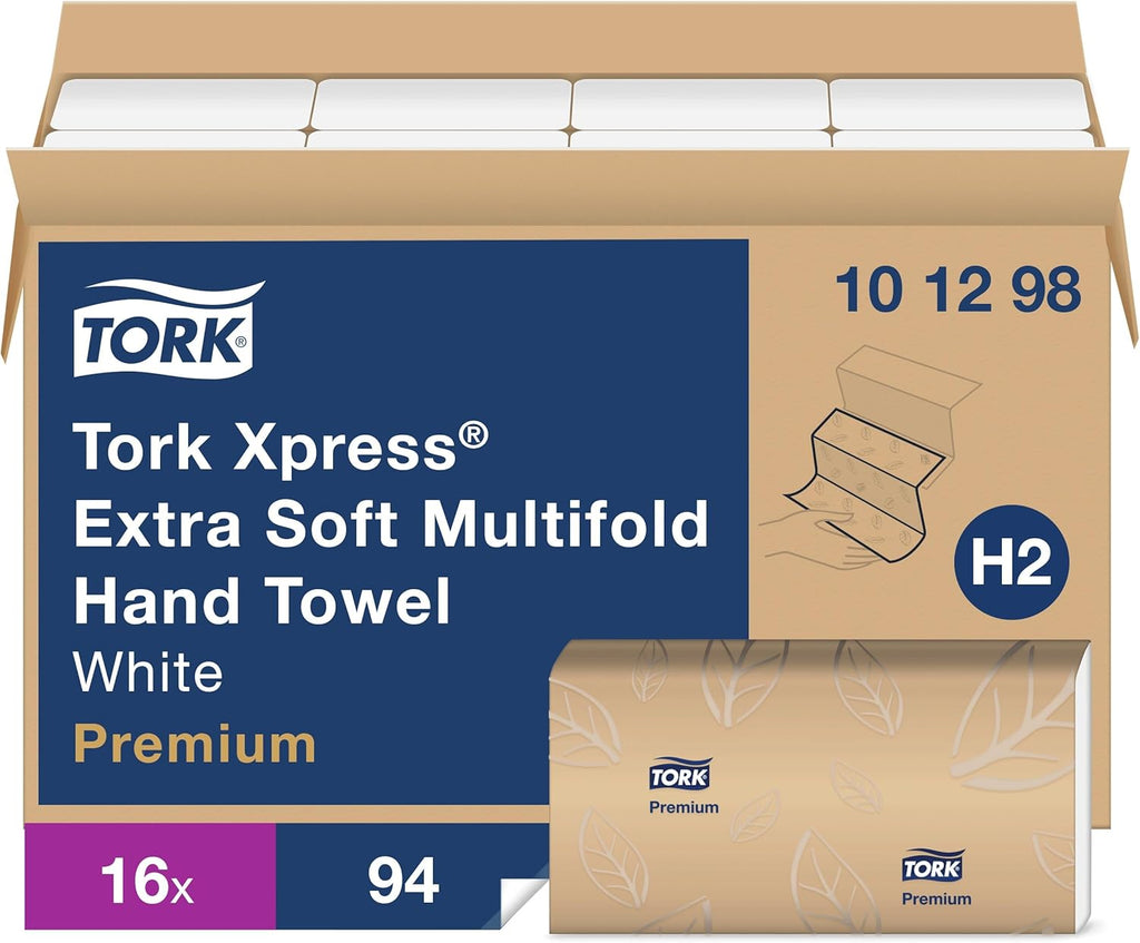 Tork Extra Soft Multifold Hand Towels White with Blue Leaf Print, H2 Dispenser Compatible 16 Packs x 94 Towels (101298)