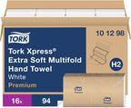 Tork Extra Soft Multifold Hand Towels White with Blue Leaf Print, H2 Dispenser Compatible 16 Packs x 94 Towels (101298)