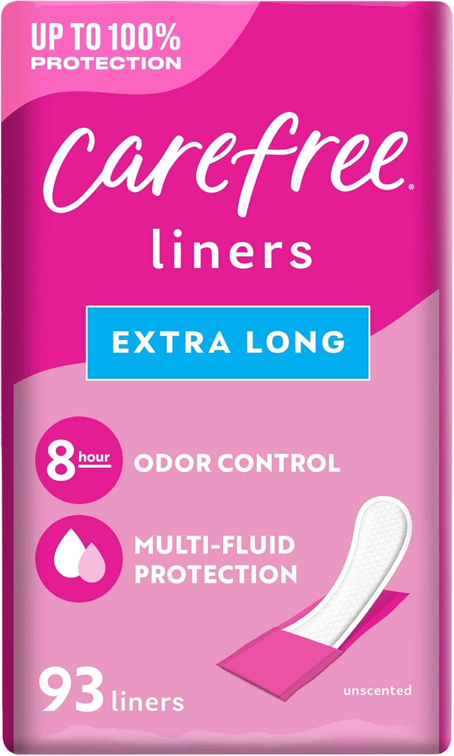 Carefree Panty Liners for Women, Extra Long, Wrapped, Unscented, 93ct | Pantiliners, Carefree, Daily Liners for Women, Light Periods and Leaks, 8-Hour Odor Control | 93ct (Packaging May Vary)
