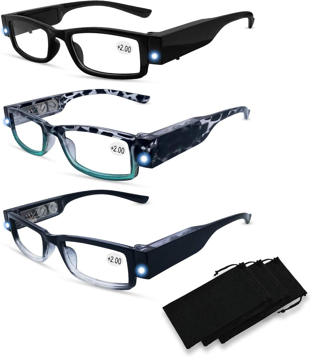3 Pack Reading Glasses with Lights in The Frame for Men Women Bright Led Readers Eyeglasses with Lights and Magnifier Led Reading Glasses Magnifier Nighttime Reader
