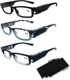 3 Pack Reading Glasses with Lights in The Frame for Men Women Bright Led Readers Eyeglasses with Lights and Magnifier Led Reading Glasses Magnifier Nighttime Reader