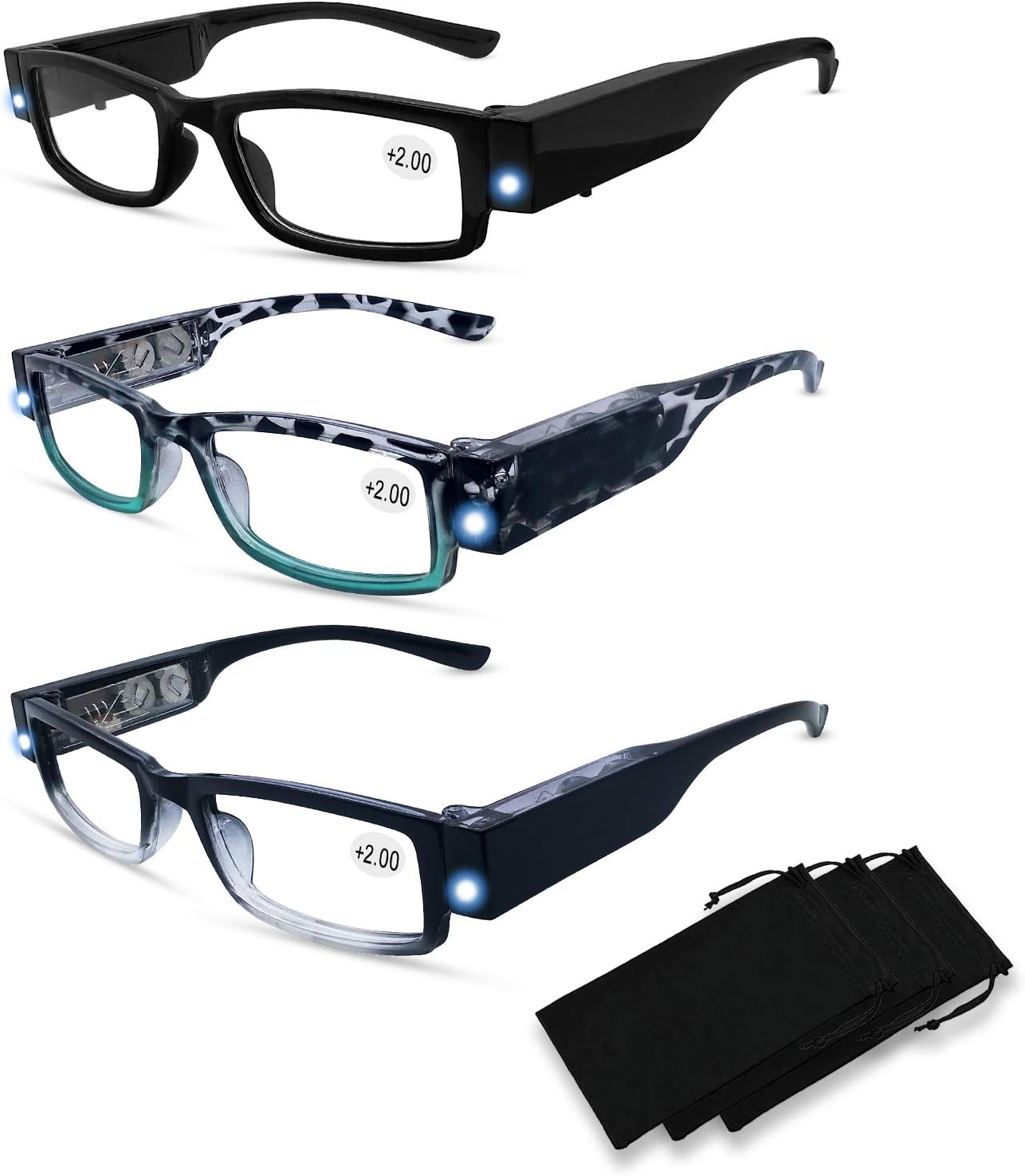3 Pack Reading Glasses with Lights in The Frame for Men Women Bright Led Readers Eyeglasses with Lights and Magnifier Led Reading Glasses Magnifier Nighttime Reader