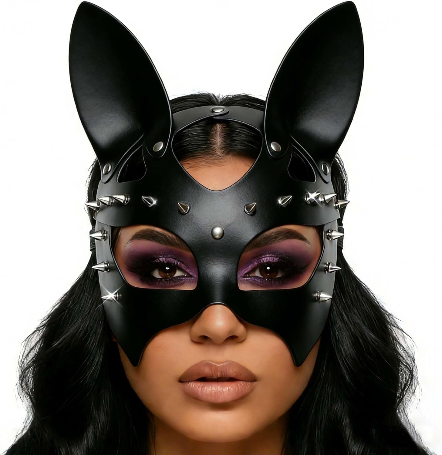 CLOACE Black Leather Masks Rivet Masquerade Cat Mask Eye Covers Halloween Costume Eye Accessory (Black)
