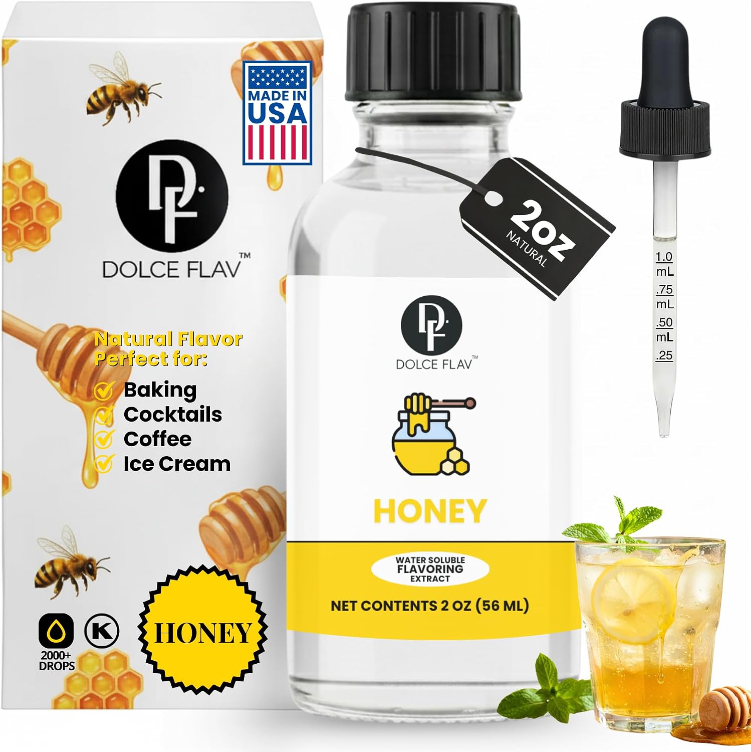 Dolce Flav Natural Honey Extract – Natural Wildflower Honey Flavoring for Coffee, Baking & Desserts | Water-Soluble, Sugar-Free, Alcohol-Free, Kosher | 2 oz with Measured Dropper