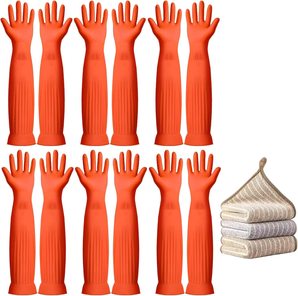 6-Pair 17.8-Inch Elbow - Length Reusable Rubber Waterproof Household Cleaning and Kitchen Dishwashing Gloves