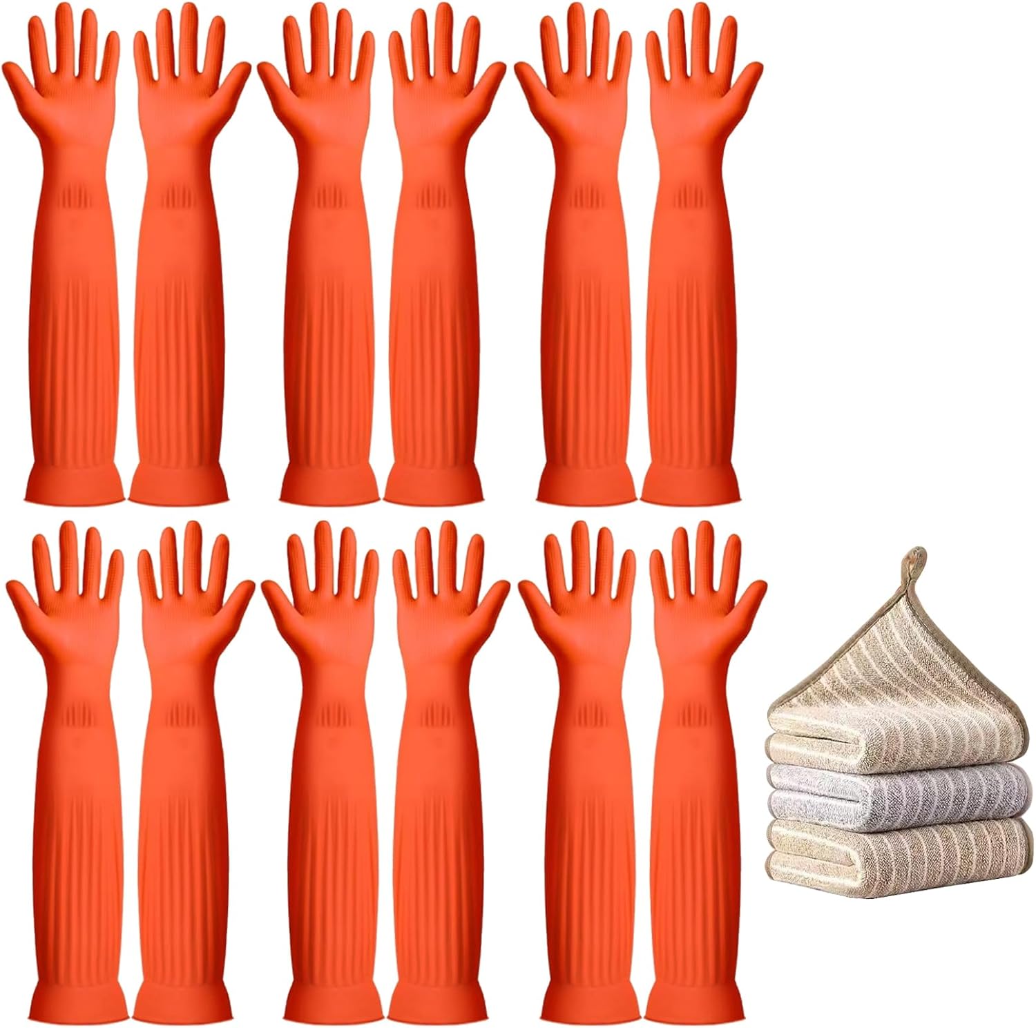 6-Pair 17.8-Inch Elbow - Length Reusable Rubber Waterproof Household Cleaning and Kitchen Dishwashing Gloves