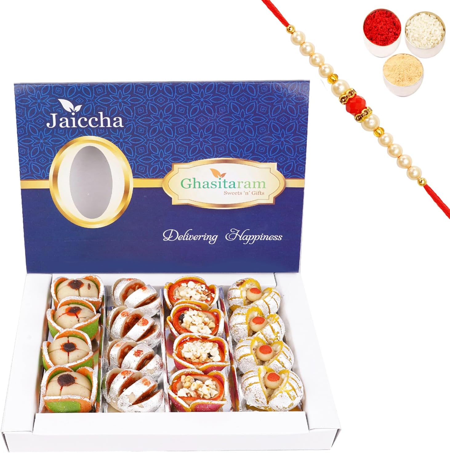 Jaiccha Ghasitaram Rakhi Gifts for Brothers Dryfruit Special Fancy Sweets 400 GMS with Beads Rakhi