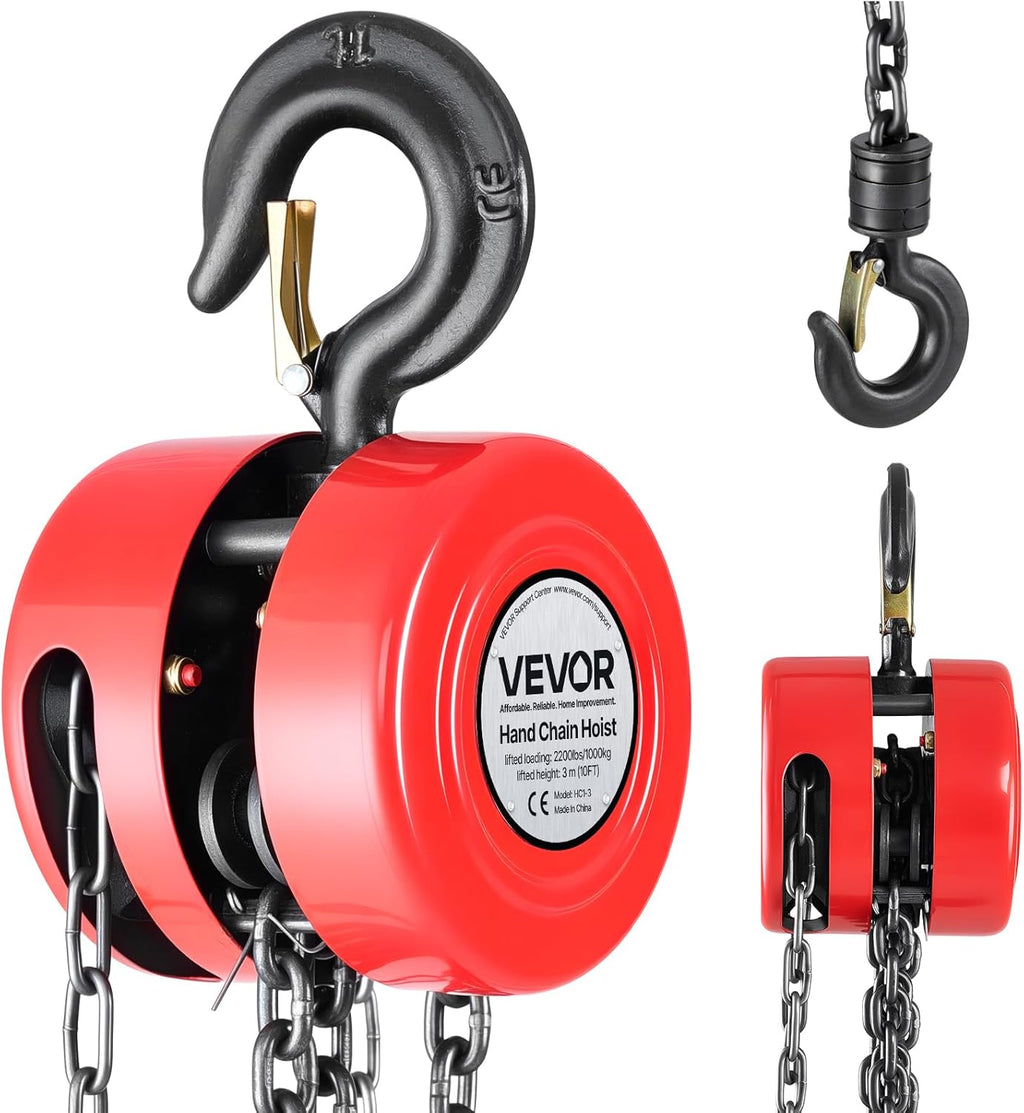 VEVOR Hand Chain Hoist, 1 Ton 2200 lbs Capacity, Manual Chain Block with Upgrade G70 Galvanized Chain, 10 ft Lifting Height, Heavy Duty Pulley Hoist for Garage Warehouse Automotive Machinery, Red