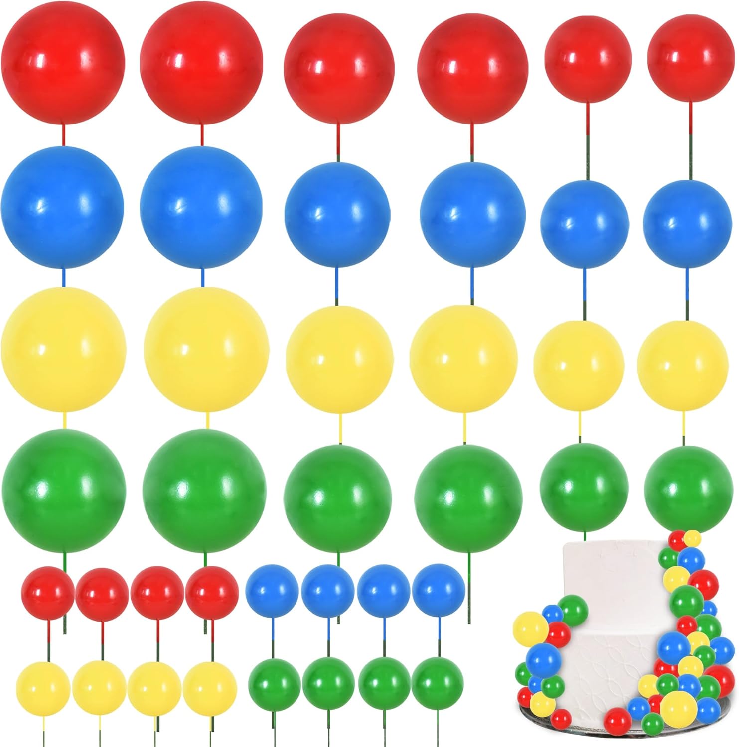 BEISHIDA 40 Pcs Mini Balls Cake Toppers - Foam Balls DIY Cake Topper Inserts for Birthday Wedding Baby Shower Anniversary Cake Decorations (Red Blue Yellow Green)