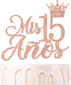 Rose Gold Glitter Mis 15 Anos Cake Topper, Mis 15 Quince/Sweet 15/Happy 15th Birthday, Funny 15th Birthday Party Decorations Supplies