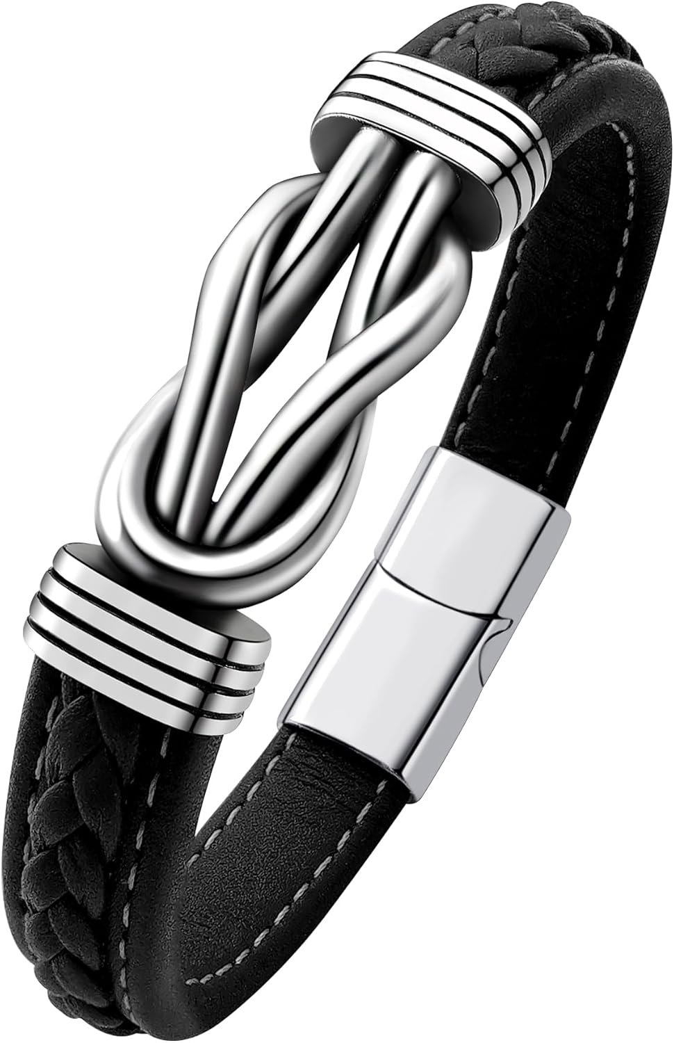Mens Black Braided Leather Bracelet, Green/Red/Brown/Black Braided Leather Infinity Knot Bracelets for Men with Stainless Steel Clasp, 7.5/8.5/9in Length