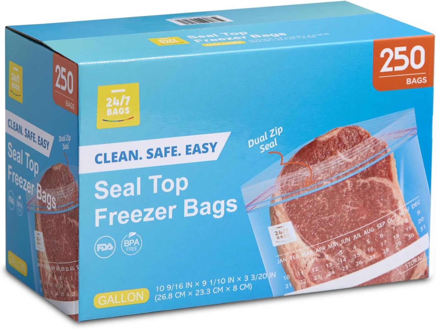 Freezer Gallon Double Zipper Food Storage Bags, 250 Count, 3 Mil, Clear with Write-On Calendar, BPA-Free, Commercial Use, Bulk Packaging