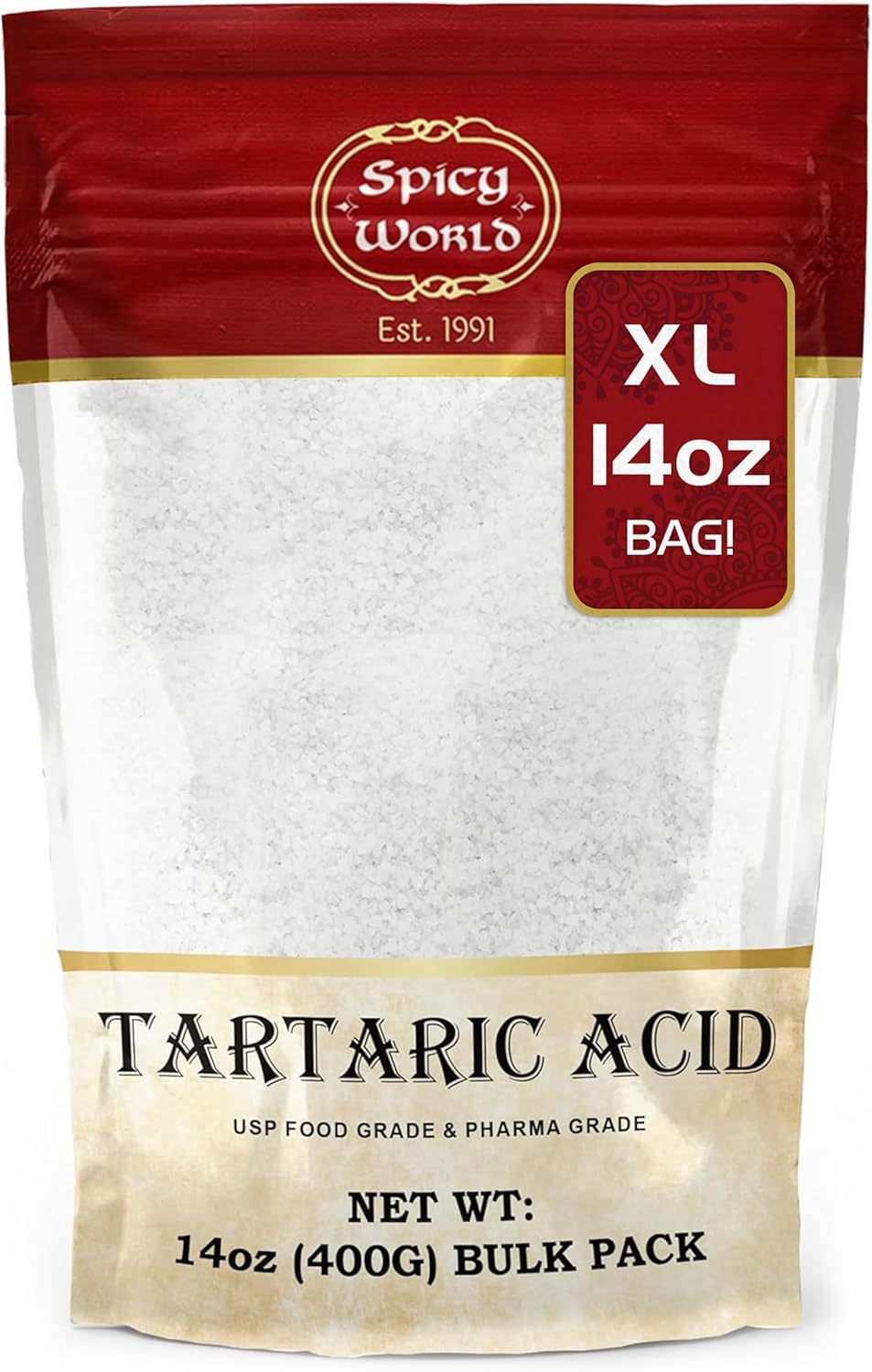 Spicy World Tartaric Acid Pure 14oz Large Bag - Top Grade, USP Certified, Food Grade, Vegan - Perfect for Wine Making, Mead