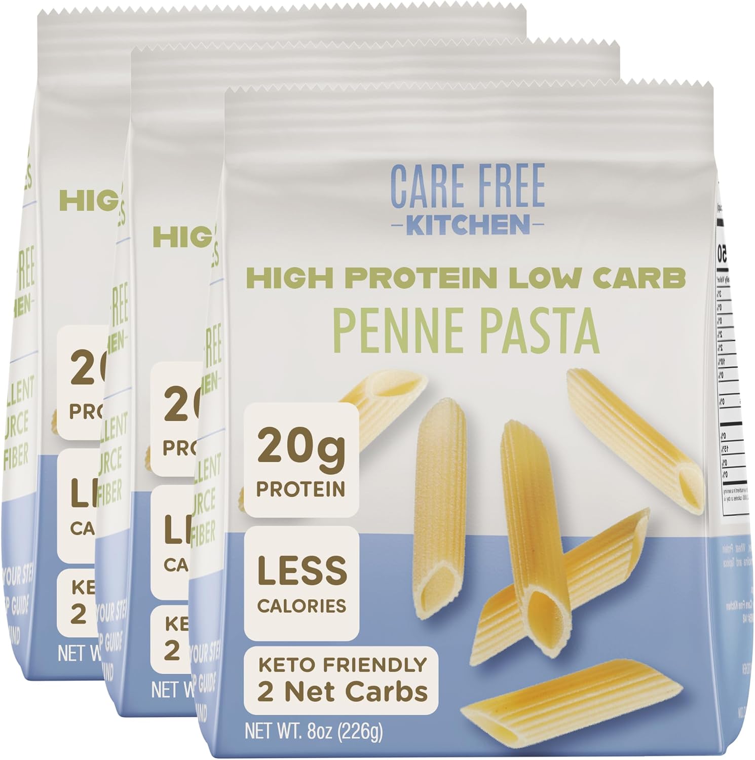 Care Free Kitchen Plain Penne 8oz (3 Pack) Keto Pasta Noodles, 20g High Protein, Low Carb 2g Net Carbs, 26g High Fiber