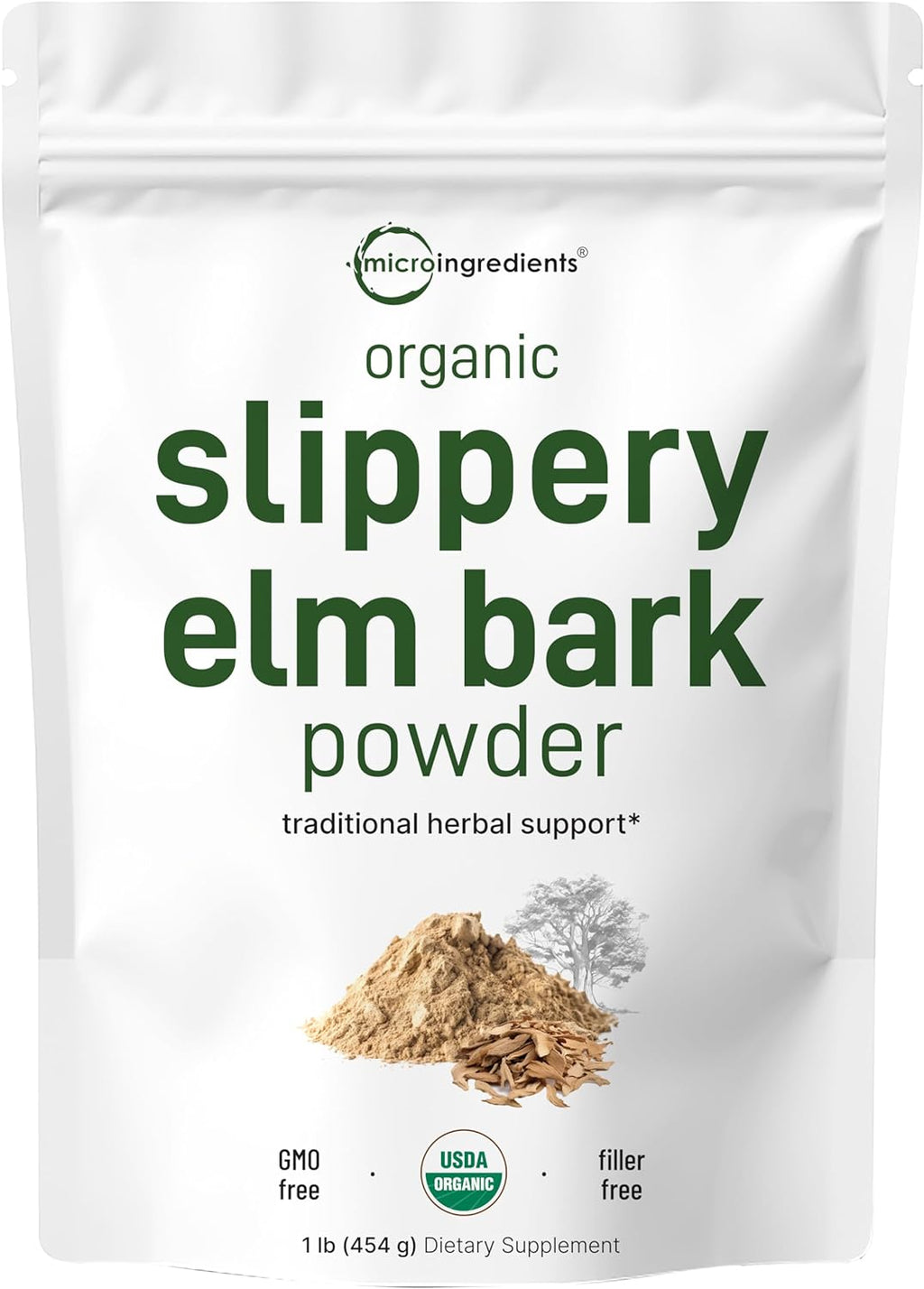Micro Ingredients Sustainably US Grown, Organic Slippery Elm Bark Powder, 1 Pound (648 Servings), Helps Soothe The Throat and Coughing, No Irradiated, No Contaminated, No GMOs, Pet Friendly