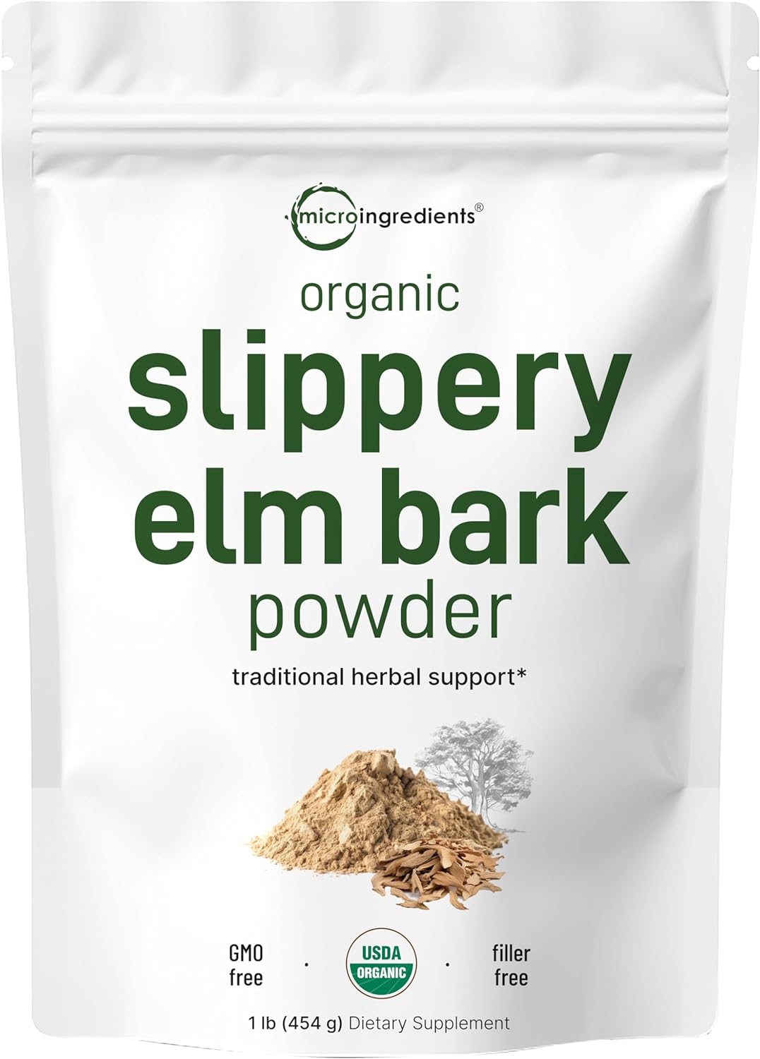 Micro Ingredients Sustainably US Grown, Organic Slippery Elm Bark Powder, 1 Pound (648 Servings), Helps Soothe The Throat and Coughing, No Irradiated, No Contaminated, No GMOs, Pet Friendly