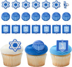 DecoPac Hanukkah Cupcake Toppers | 24 Cake Decorations, Menorah, Dreidel, Star Of David | Blue & White, Food Safe – 24 Pack
