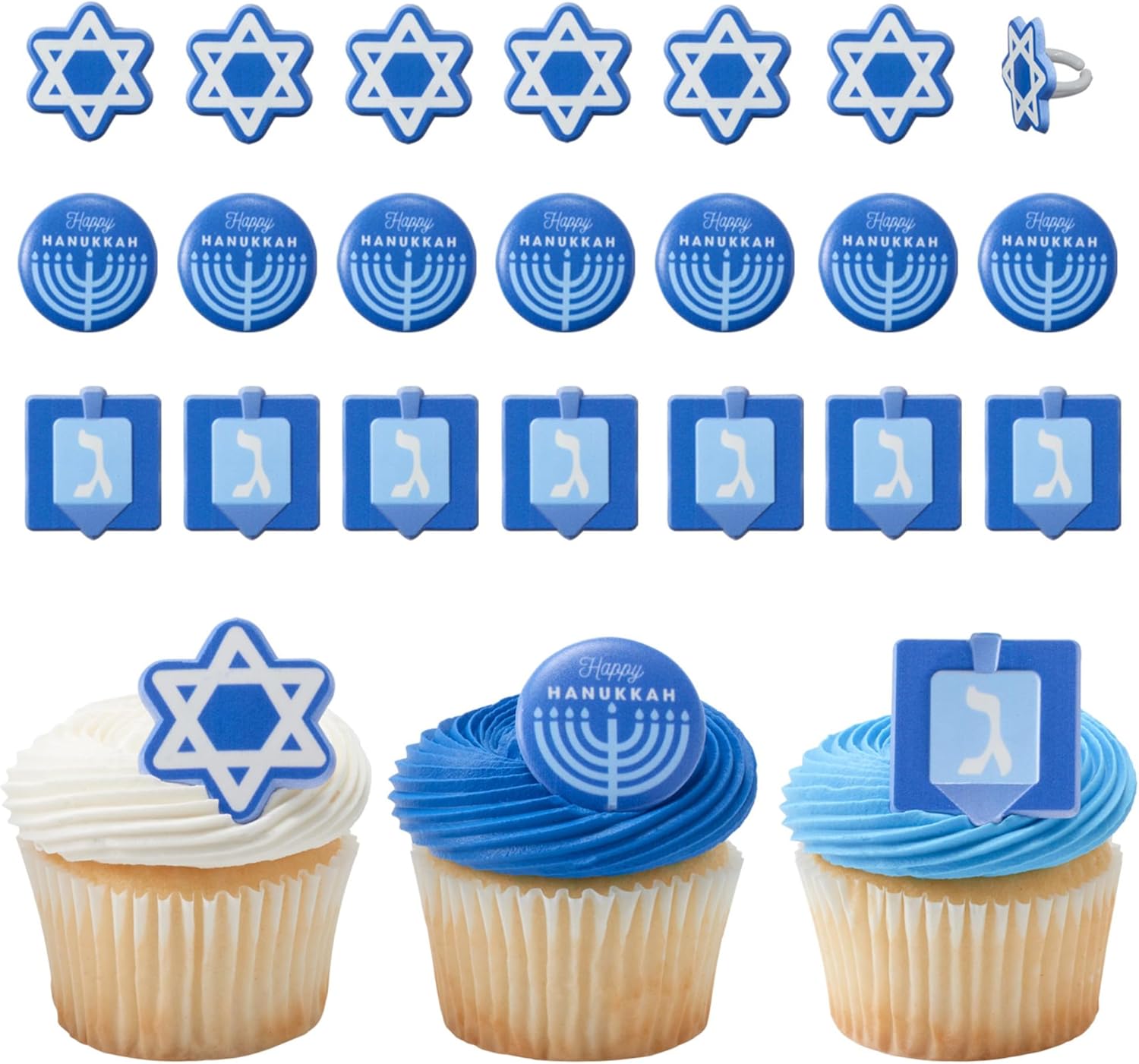DecoPac Hanukkah Cupcake Toppers | 24 Cake Decorations, Menorah, Dreidel, Star Of David | Blue & White, Food Safe – 24 Pack