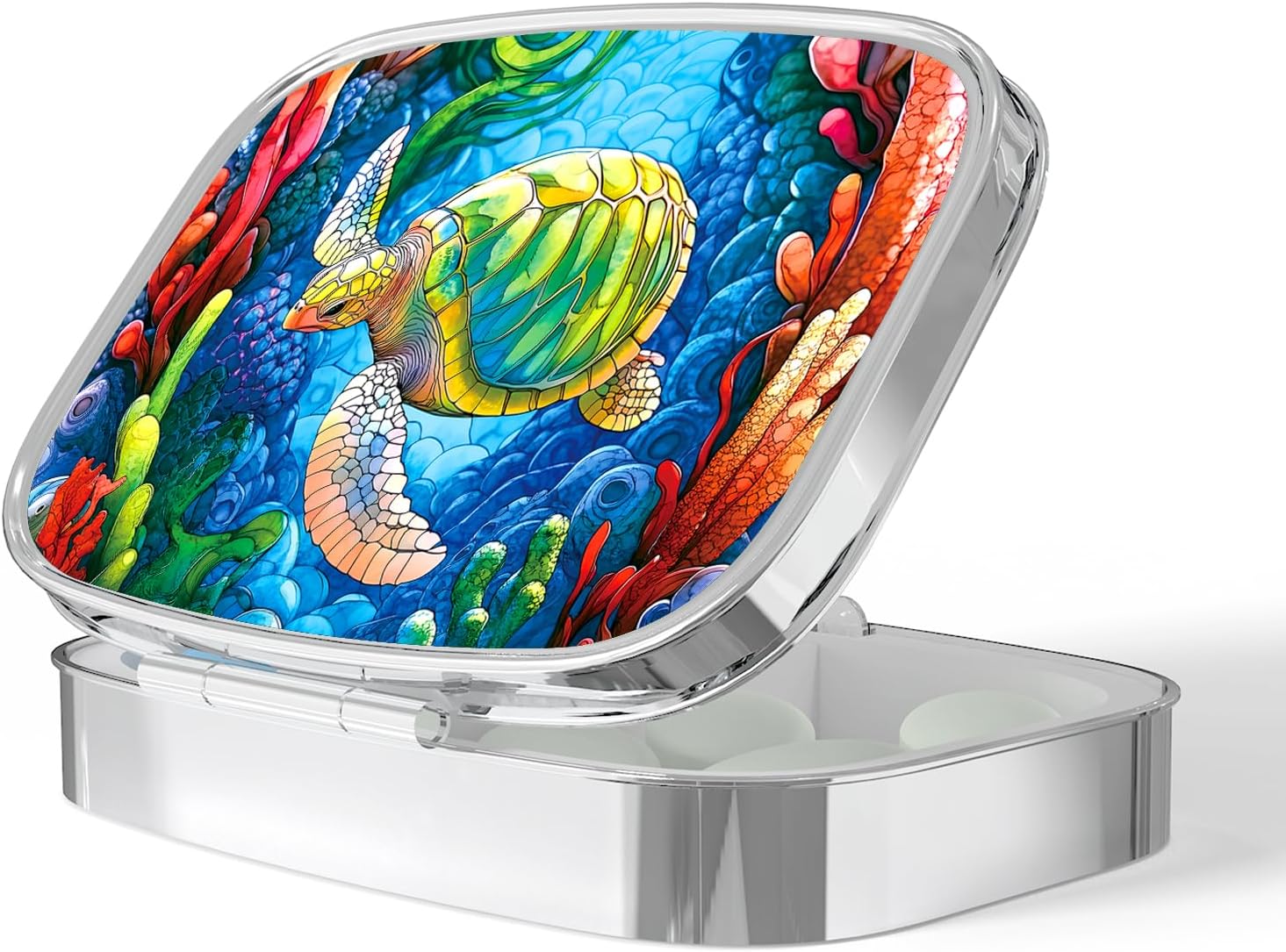 Pill Box-2 Compartment Small Pill Case Portable for Pocket & Purse Single Pill Carrier Pill Container to Hold Vitamins Medication Fish Oil and Supplements BPA-Free(Sea Turtle)