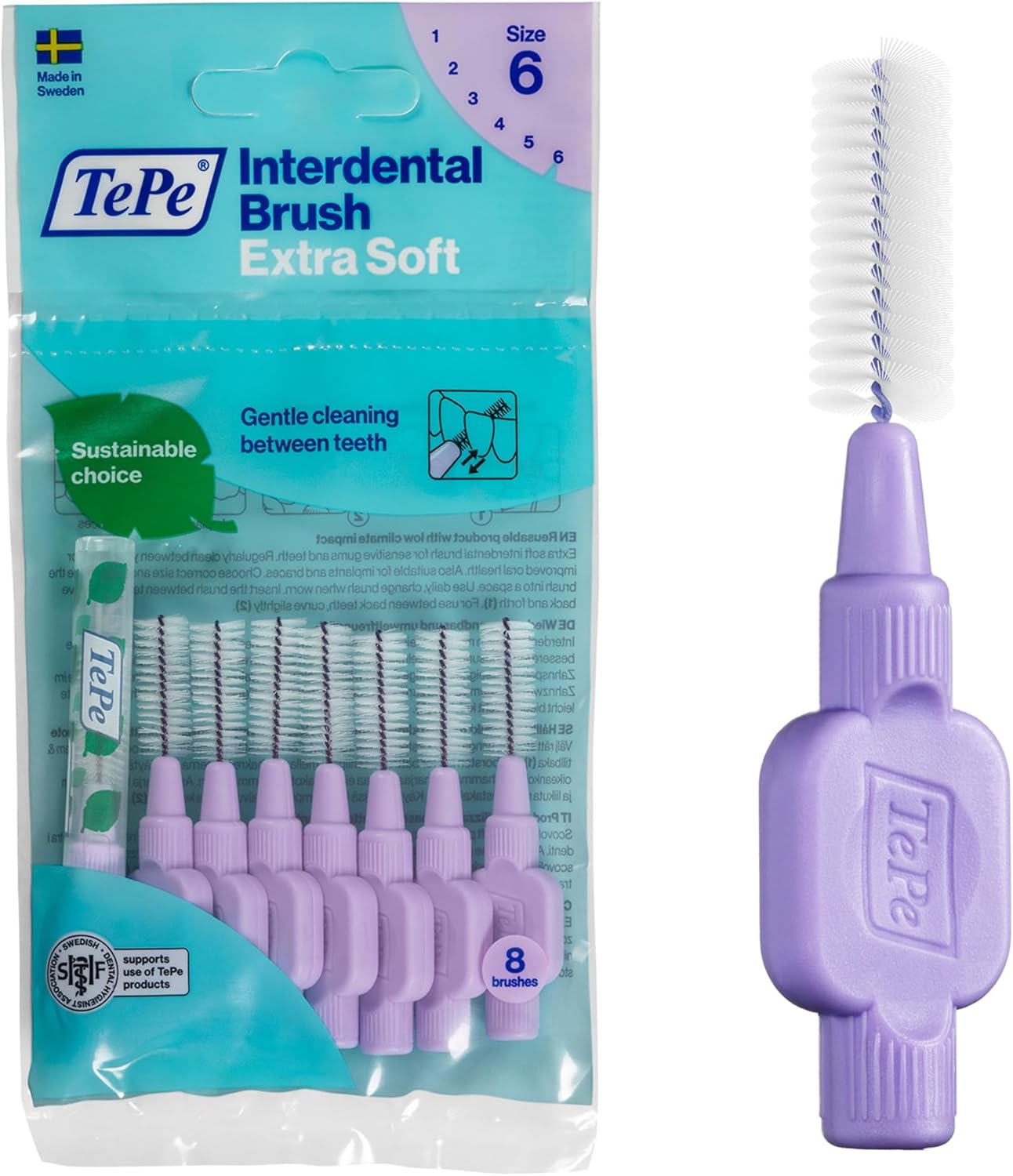 TePe Interdental Brushes Extra Soft Purple (ISO Size 6: 1.1 mm) / For Particularly Gentle & Efficient Cleaning of Interdental Spaces / 1 x 8 Interdental Brushes