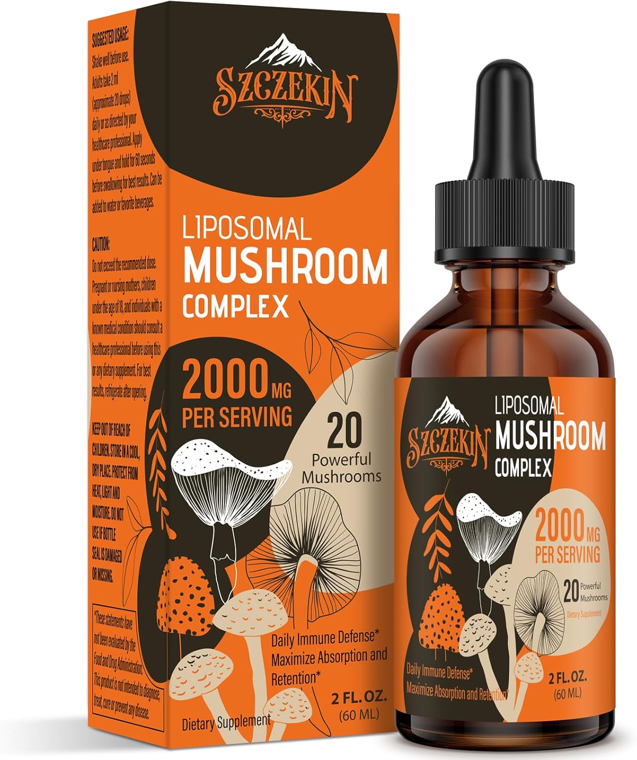 Liposomal Mushroom Complex Drops 2000 MG - 20 Organic Mushroom Extracts - Advanced Liquid Formula for Immunity, Cognitive and Memory - Lions Mane Supplement, Reishi, Cordyceps, Chaga, 30 Servings