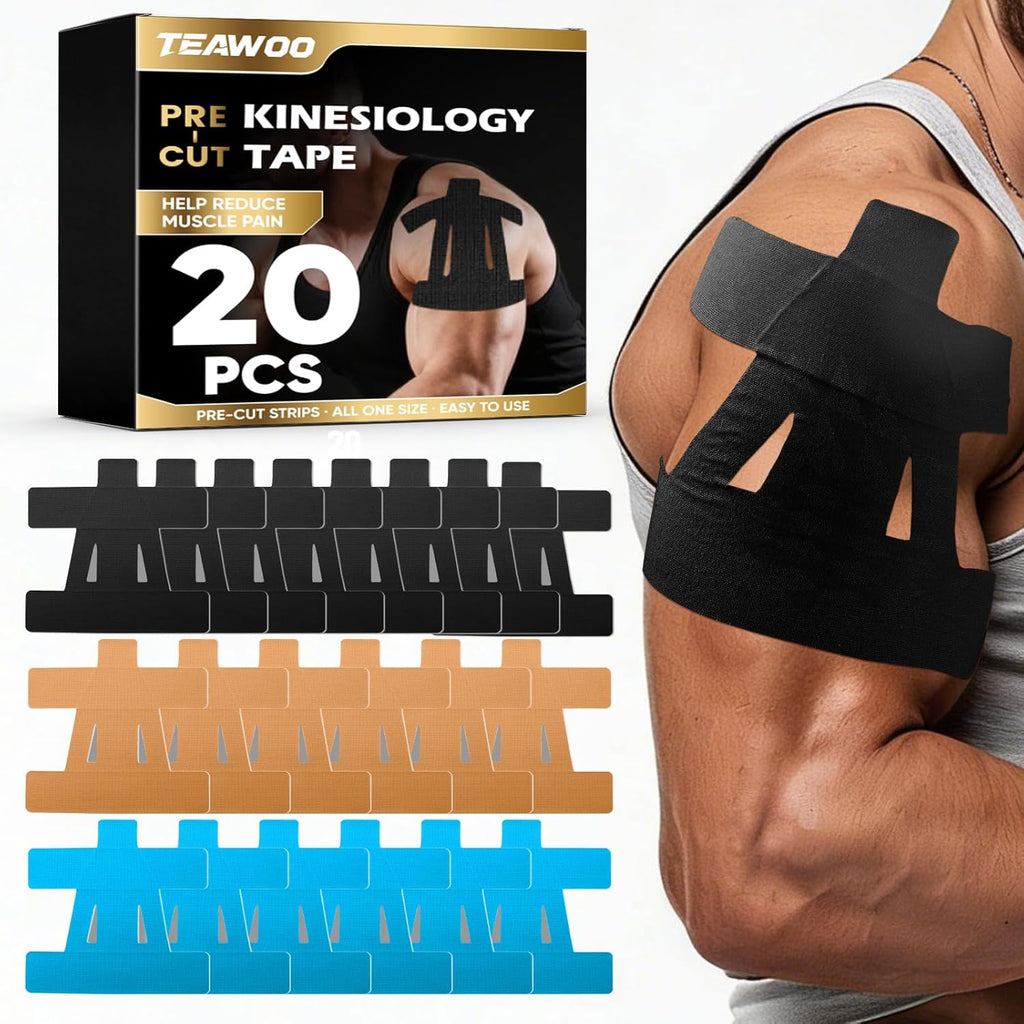 TEAWOO PreCut Kinesiology Tape for Shoulder (20 Pcs) – Waterproof Breathable Athleti, Enhanced Adhesion & Elasticity, Shoulder Pain Relief Support for Sports & Daily Use (Black, Beige & Blue)