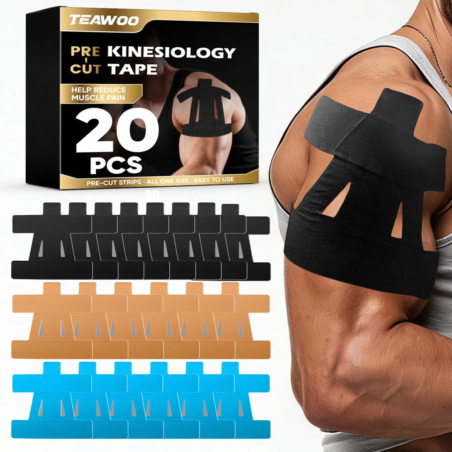 TEAWOO PreCut Kinesiology Tape for Shoulder (20 Pcs) – Waterproof Breathable Athleti, Enhanced Adhesion & Elasticity, Shoulder Pain Relief Support for Sports & Daily Use (Black, Beige & Blue)