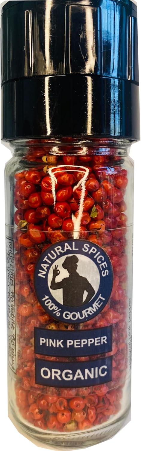 100% Gourmet Pink Peppercorns Grinder, Brazilian Whole Pink Peppercorns, Premium Glass Grinder, Fresh Gourmet Peppercorns, Non-GMO