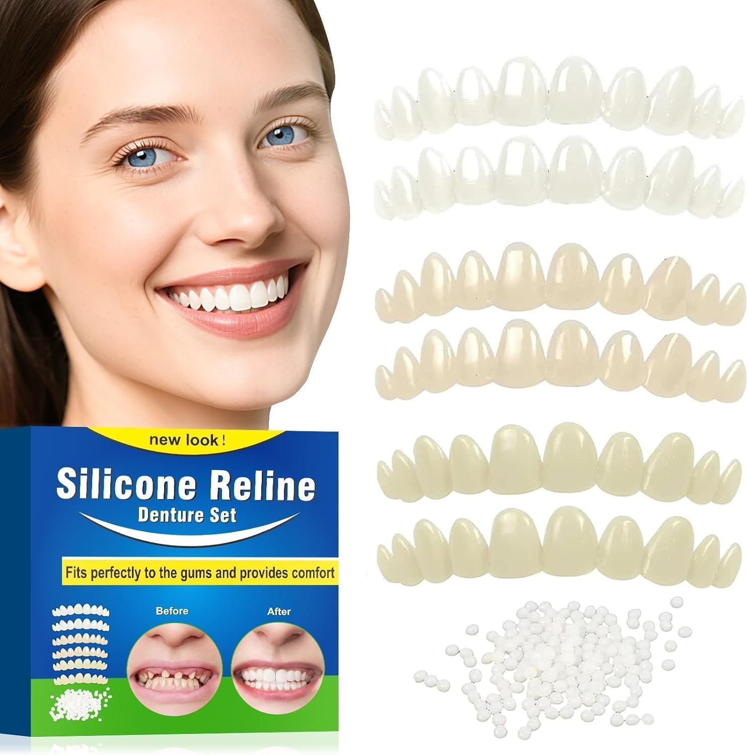 Veneers Teeth for Women, Tooth Replacement Missing Teeth, Upper Veneer Cosmetic Tooth, Moldable Thermal Beads Replacement Kit, Unisex to Denture Repair Kit, 6PCS