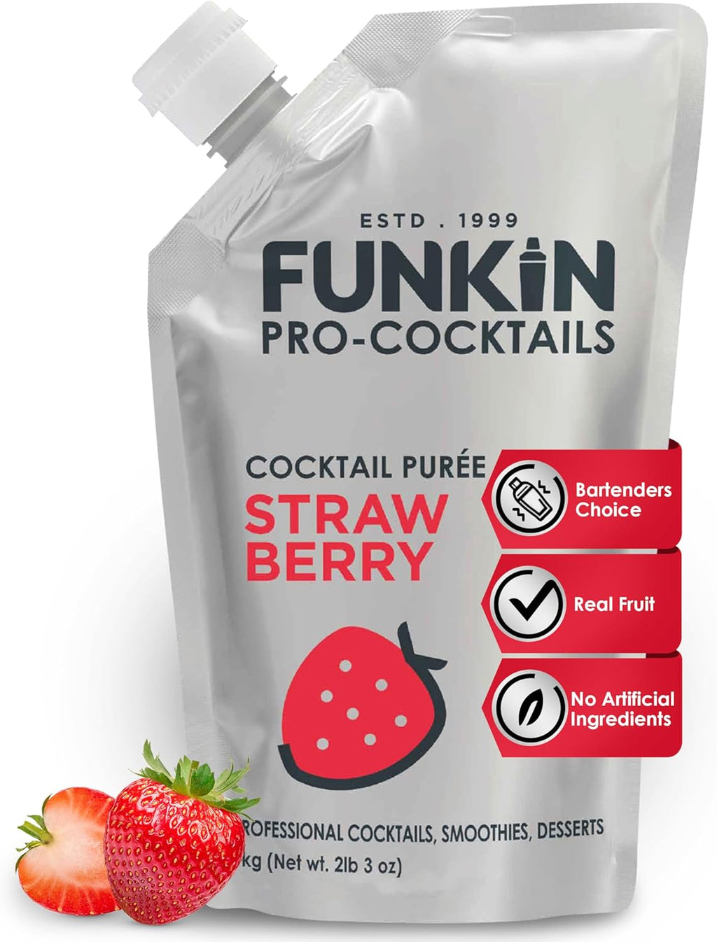 Funkin Fruit Puree | Real Fruit, Simple Ingredient, Natural Mixer for Cocktails, Drinks, Smoothies | Vegan, Non-GMO, Gluten-Free (2.2 lbs) (Strawberry)