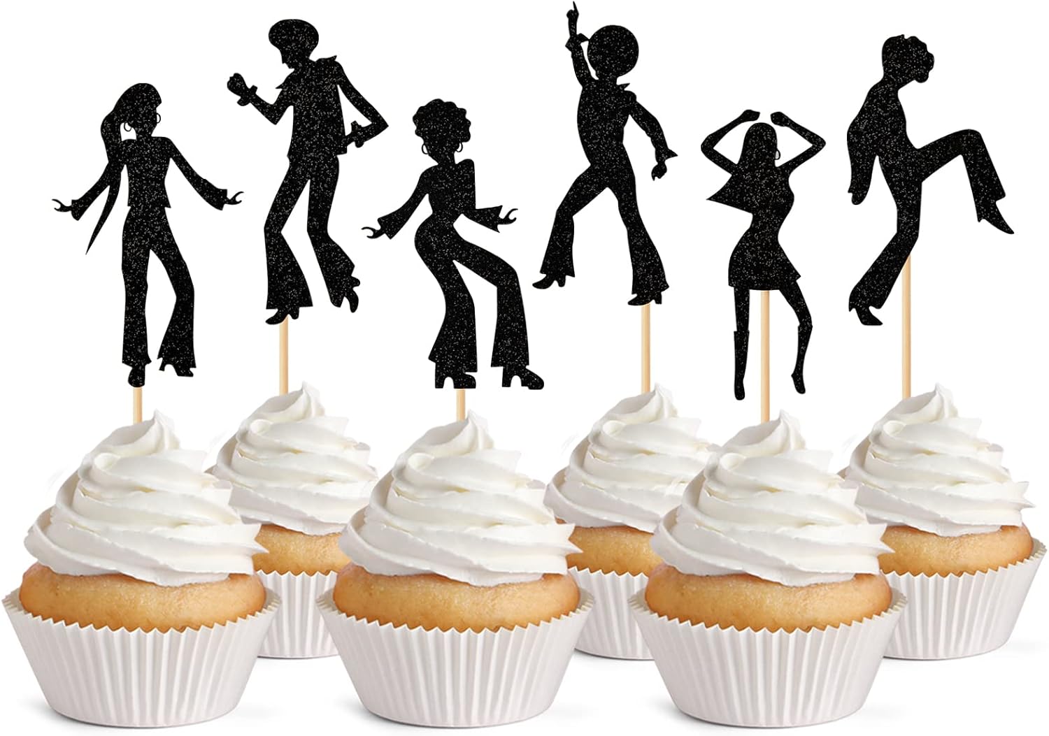 36 PCS 70's Disco Cupcake Toppers 80s Disco Dancing Cupcake Picks Glitter Dancer Cake Toppers for Music Disco Theme Wedding Anniversary Men Women Birthday Party Decorations Supplies (Black)