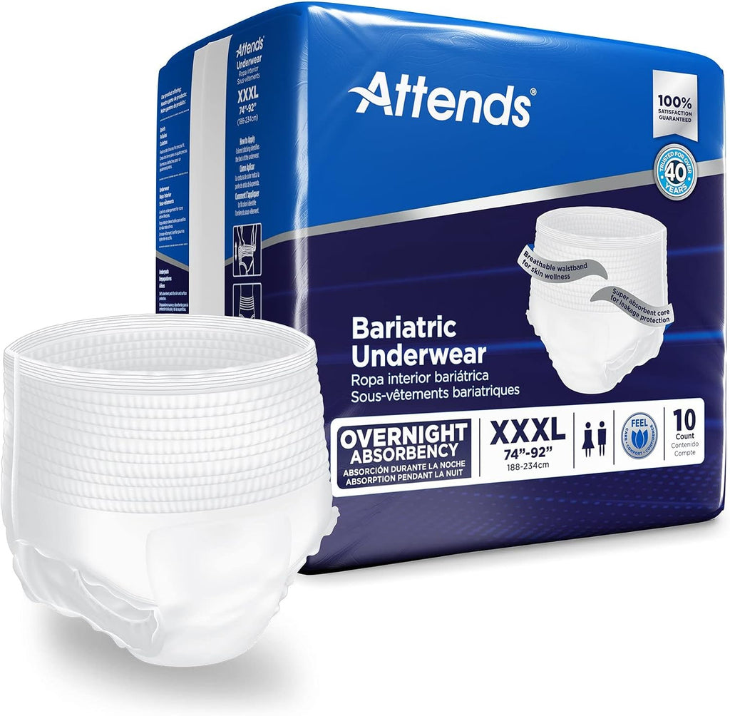 Attends Bariatric Adult Incontinence Underwear, 3X-Large (74-92"), [40 Count] - Overnight Absorbency for Men and Women, Disposable Pull-On Diapers with Tear-Away Sides, AU60