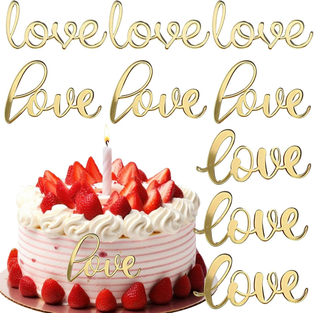 9 Pcs Gold Acrylic Love Cake Toppers Cake Decoration for Valentine's Day Wedding Engagement Birthday Party Supplies