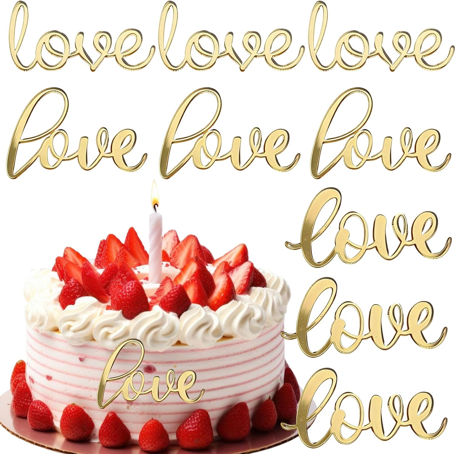 9 Pcs Gold Acrylic Love Cake Toppers Cake Decoration for Valentine's Day Wedding Engagement Birthday Party Supplies