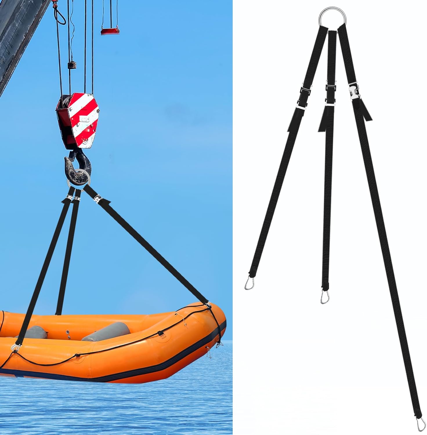 3 Leg Inflatable Dinghy Boat Lift Slings Universal Heavy Duty Adjustable Davit Stainless Steel Hardware Nylon Webbing Dinghy Sling System for Weighing up to 1000lb Rigid Boats