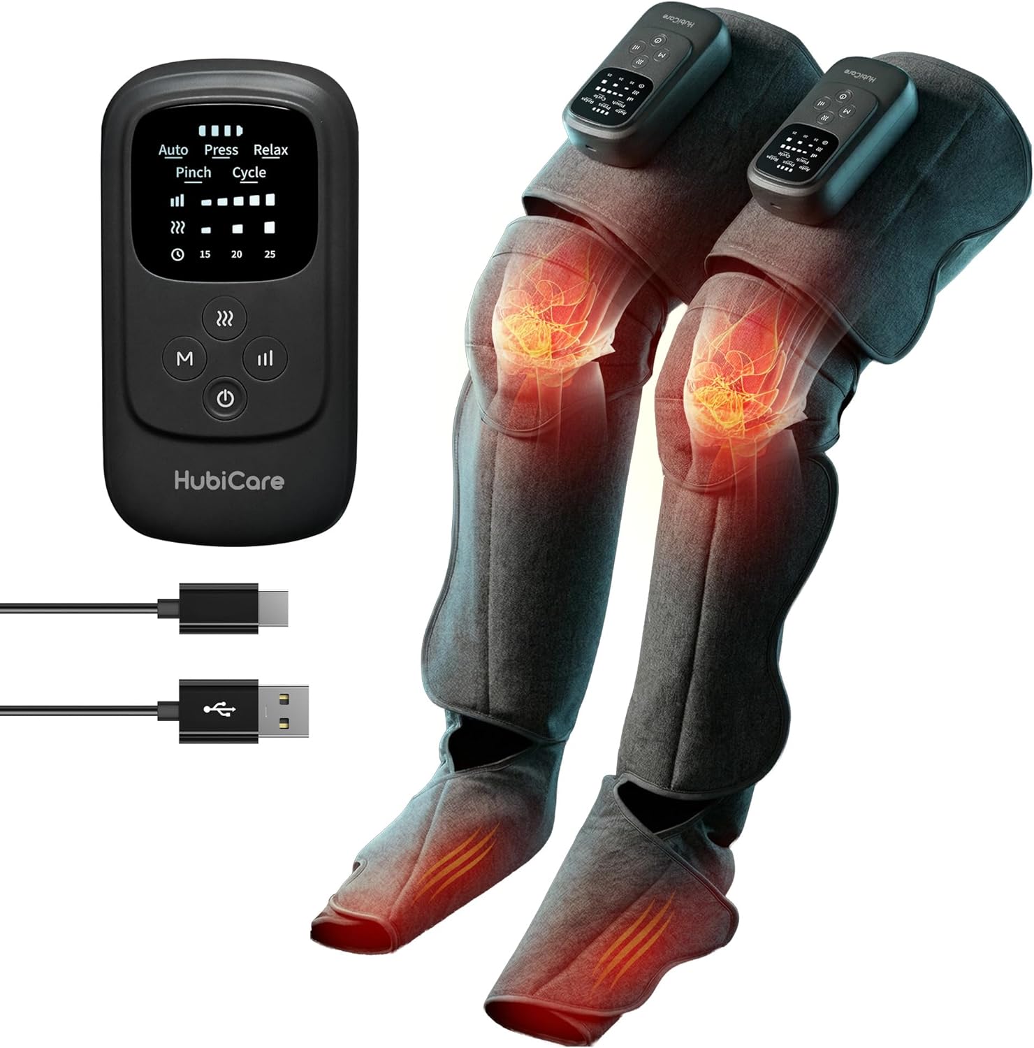 HuBDIC HubiCare Cordless Leg Massager with Heat and Air Compression for Circulation and Pain Relief, 5 Modes with 5 Intensities, Reduce Swelling, Muscles Relaxation Device (Black)