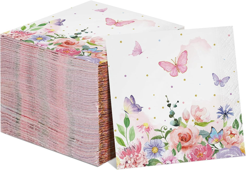 100 Pcs Butterfly Napkins Pink Butterfly Party Paper Guest Towels Disposable Colorful Garden Spring Summer Flower and Butterflies Hand Towels for Wedding Birthday Party Supplies (6.5 x 6.5 Inch)
