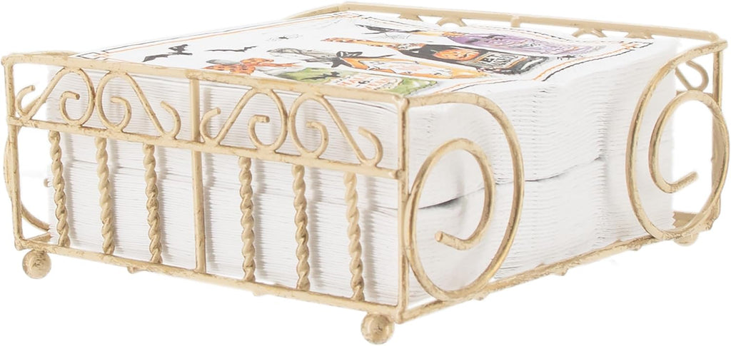 Boston International Napkin Caddy Metal Cocktail Napkin Holder, Holds 5" x 5" Napkins, Garden Gate- Antique Brass