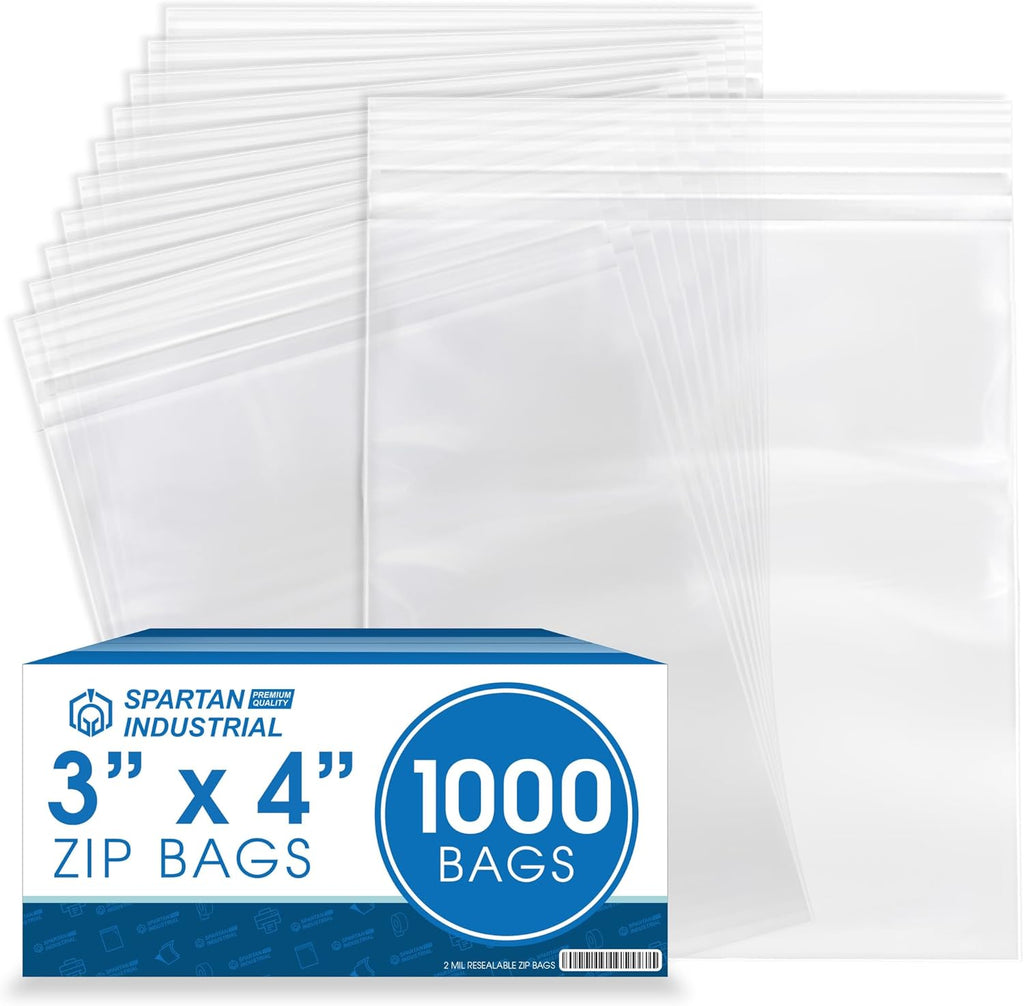 Spartan Industrial - 3” X 4” (1000 Count) 2 Mil Clear Reclosable Zip Plastic Poly Bags with Resealable Lock Seal Zipper