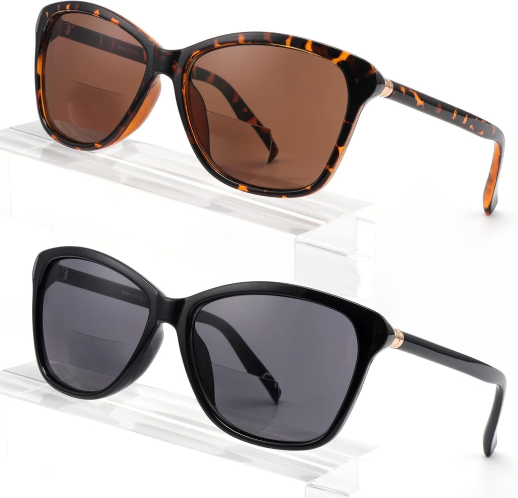 Premium Bifocal Reading Sunglasses for Women, Retro Cateye Sun Readers UV400 Protection, Classic Shades Black & Tortoise (1 Black & 1 Tortoise, 2.50)